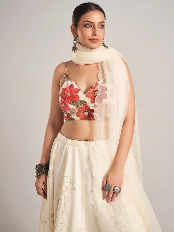 Off white printed silk navratri chaniya choli