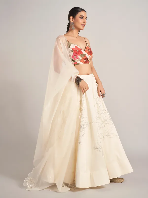 Off white printed silk navratri chaniya choli