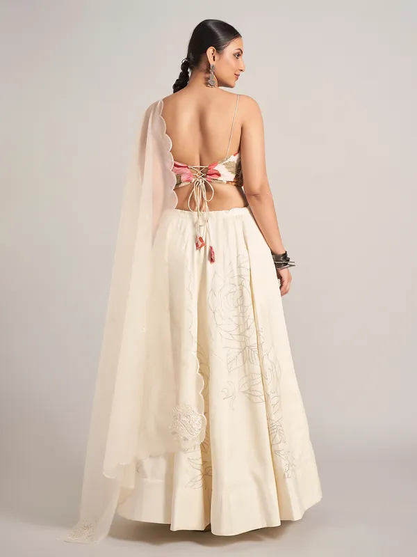 Off white printed silk navratri chaniya choli