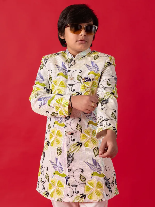 Off white printed terry rayon Indowestern for boys