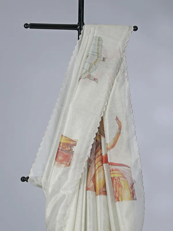 Off white printed tissue organza saree for festival wear