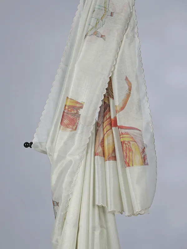 Off white printed tissue organza saree for festival wear