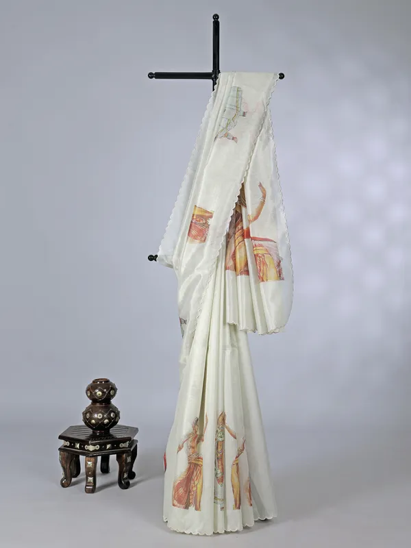 Off white printed tissue organza saree for festival wear