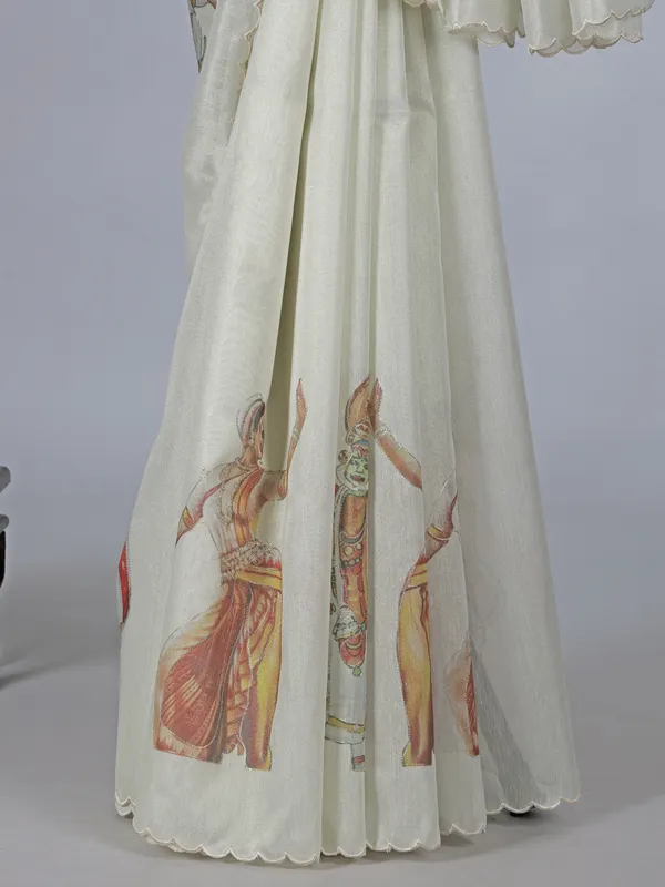 Off white printed tissue organza saree for festival wear