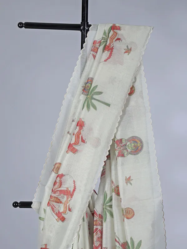 Off white printed tissue silk saree with resham work