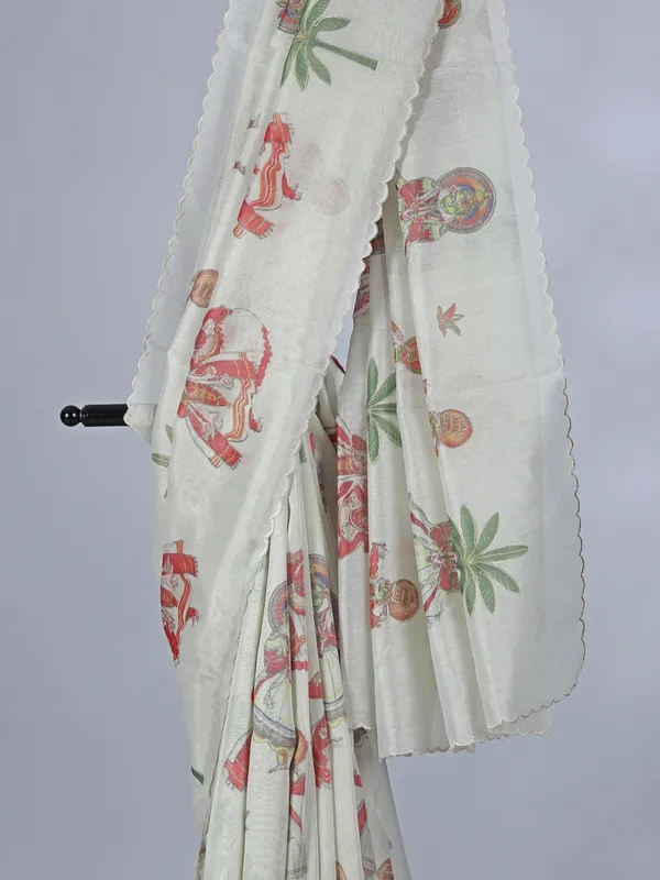 Off white printed tissue silk saree with resham work
