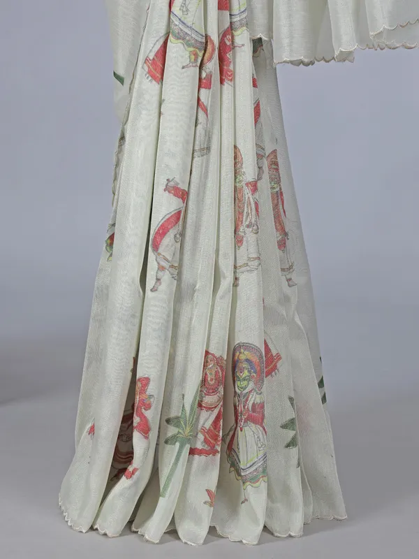 Off white printed tissue silk saree with resham work