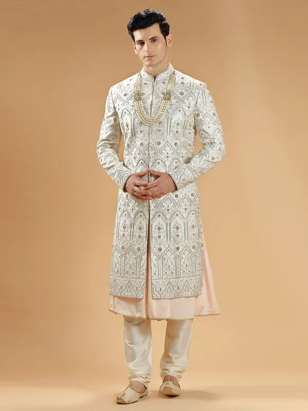 Off white raw silk groom sherwani