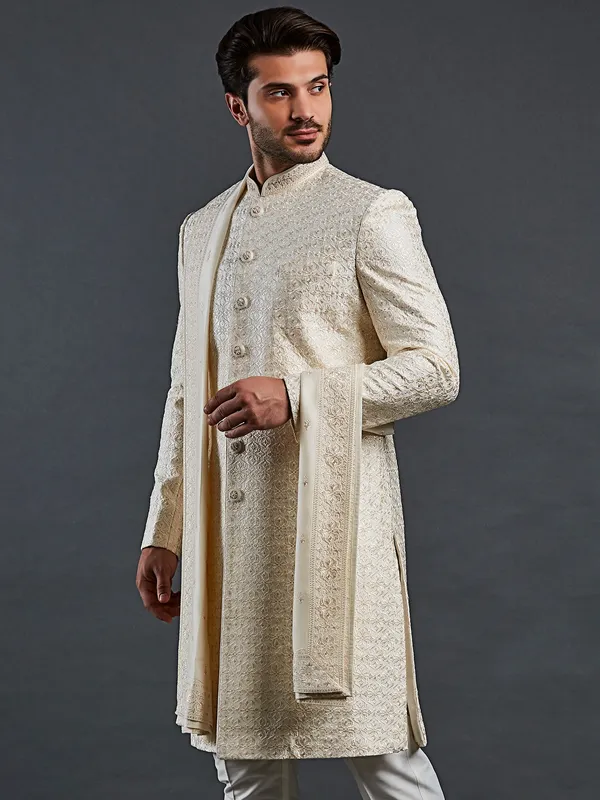 Off white raw silk groom style sherwani