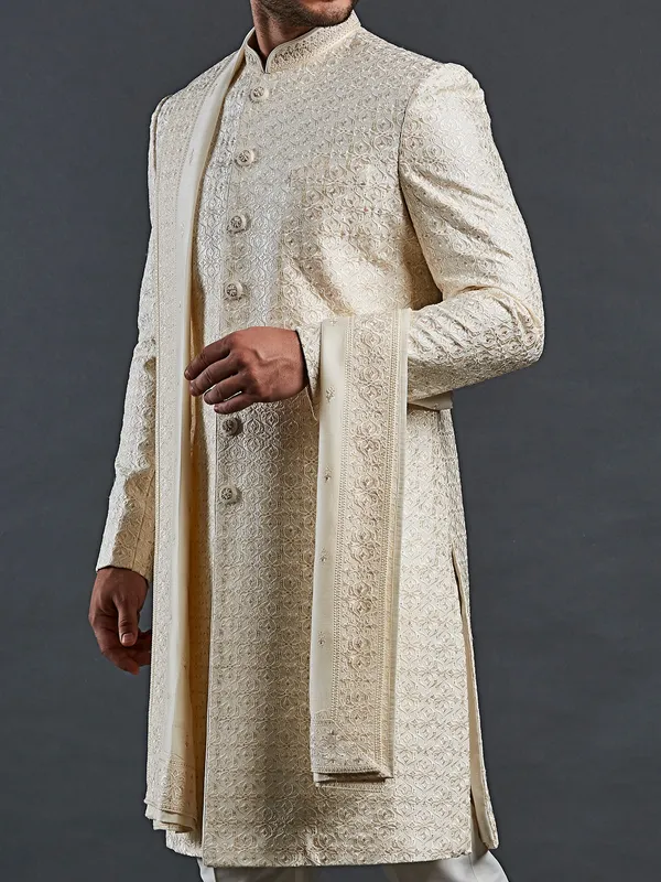 Off white raw silk groom style sherwani