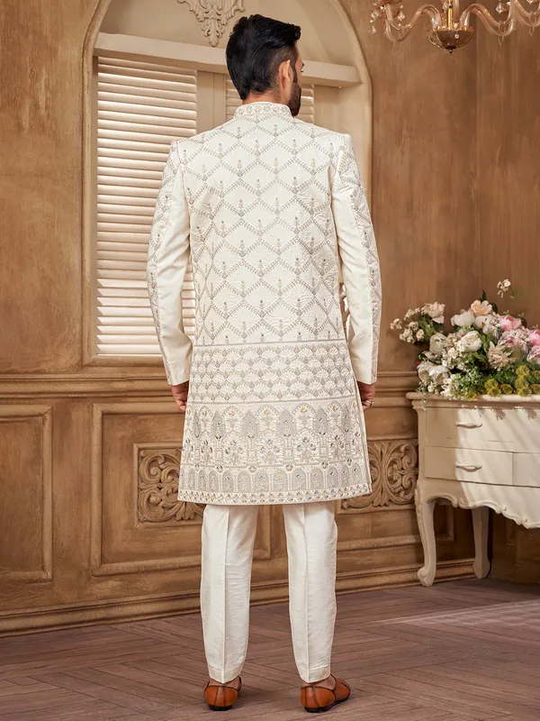Off white raw silk indowestern with embroidery and resham work