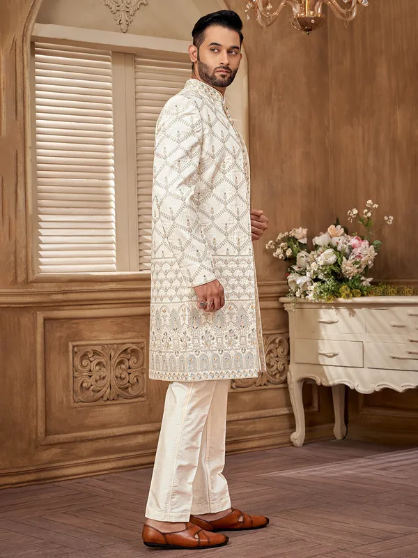Off white raw silk indowestern with embroidery and resham work