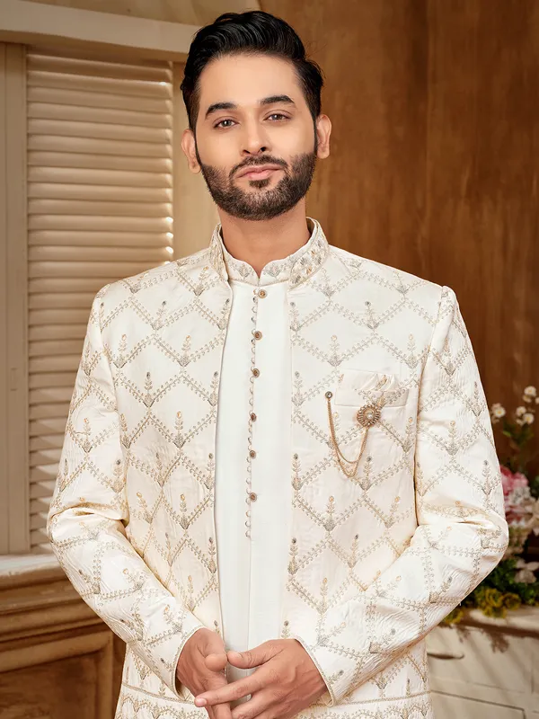 Off white raw silk indowestern with embroidery and resham work