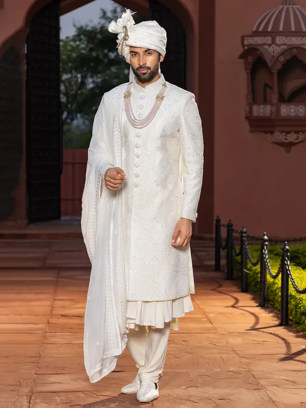Off white raw silk peshwai style sherwani