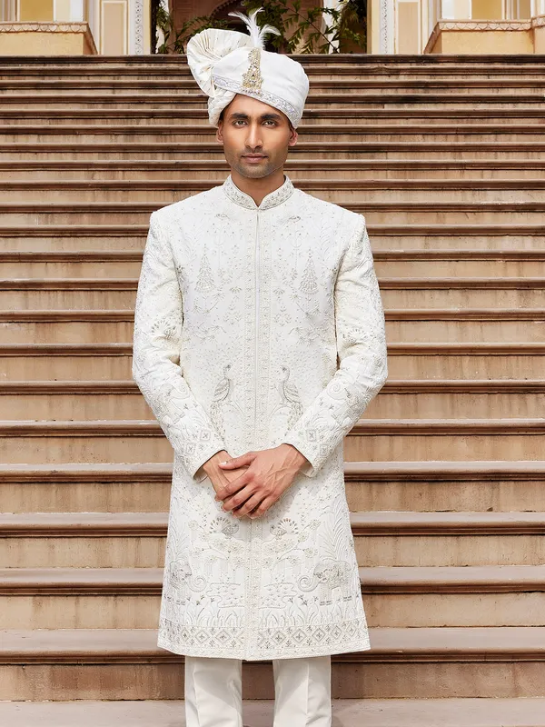 Off white raw silk sherwani for man