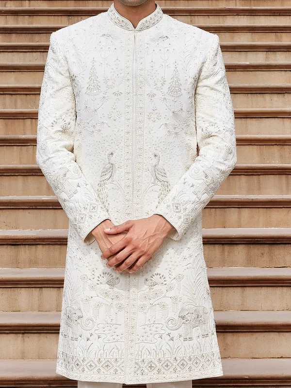 Off white raw silk sherwani for man