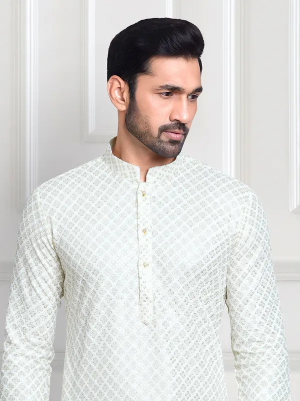 Off white rayon cotton embroidery  Men Kurta pajama