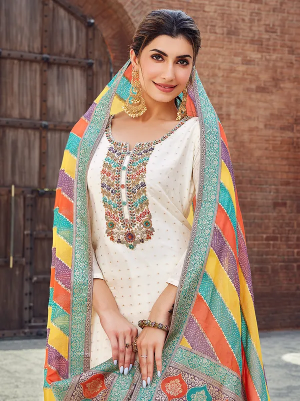 Off white salwar suit with multi color dupatta