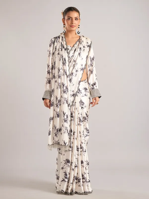 Off white satin saree with cutdana work