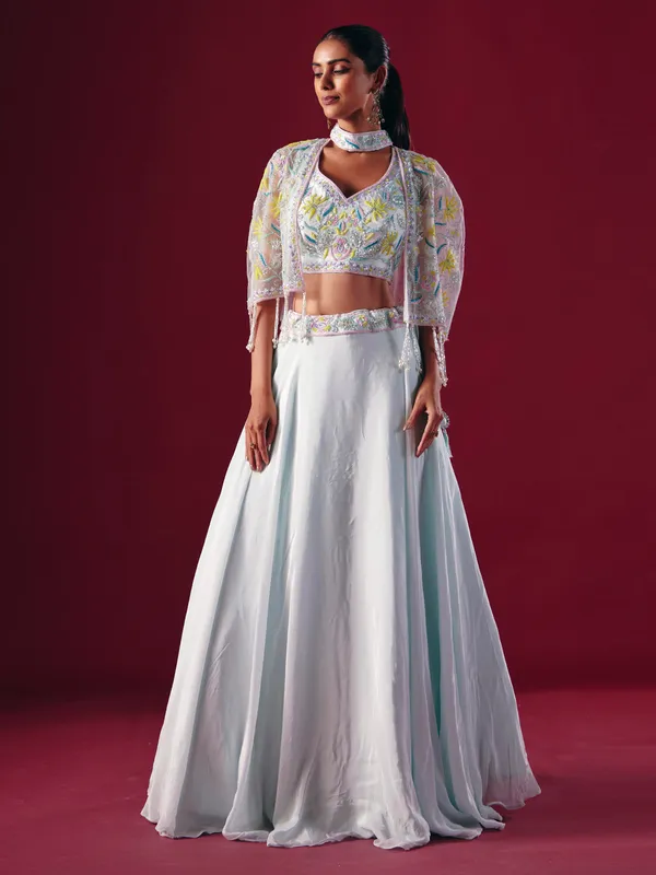Off white satin silk jacket style lehenga choli