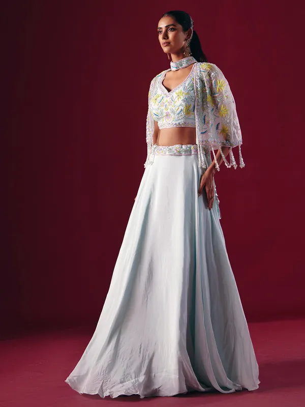 Off white satin silk jacket style lehenga choli