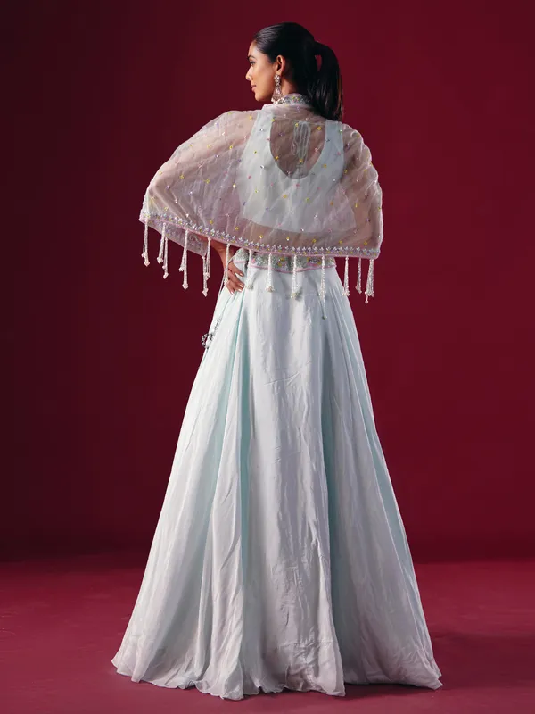 Off white satin silk jacket style lehenga choli