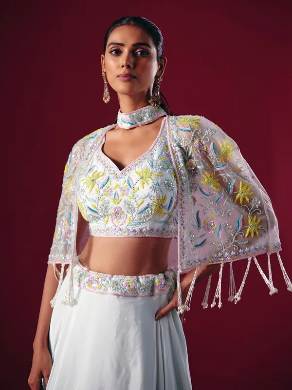 Off white satin silk jacket style lehenga choli