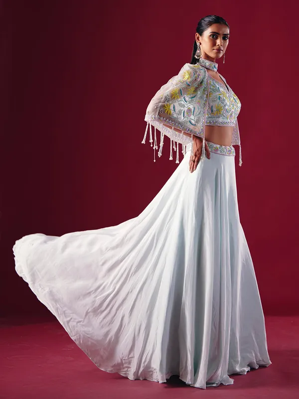 Off white satin silk jacket style lehenga choli