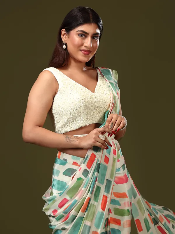 Off-white satin silk ready to wear saree