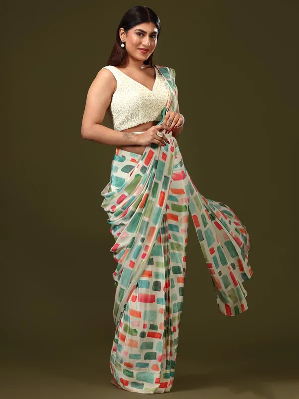 Off-white satin silk ready to wear saree