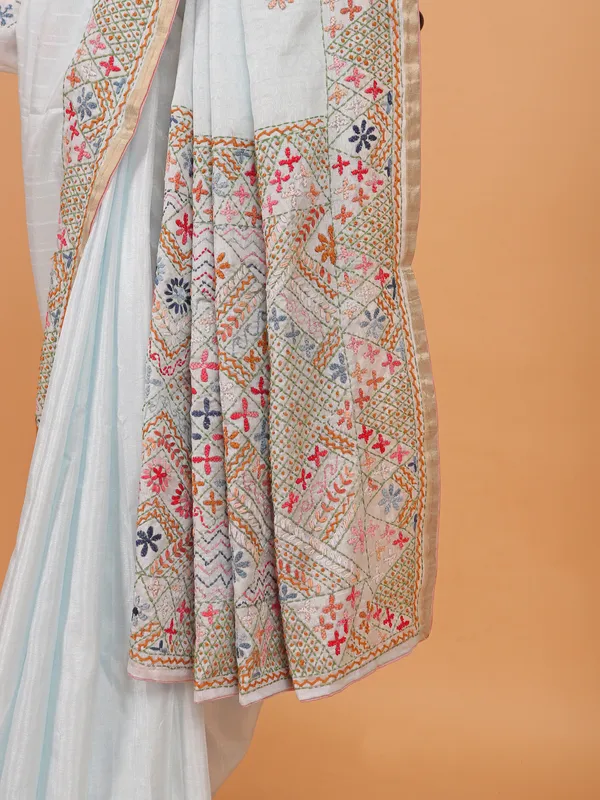 Off-white semi silk festive wear saree