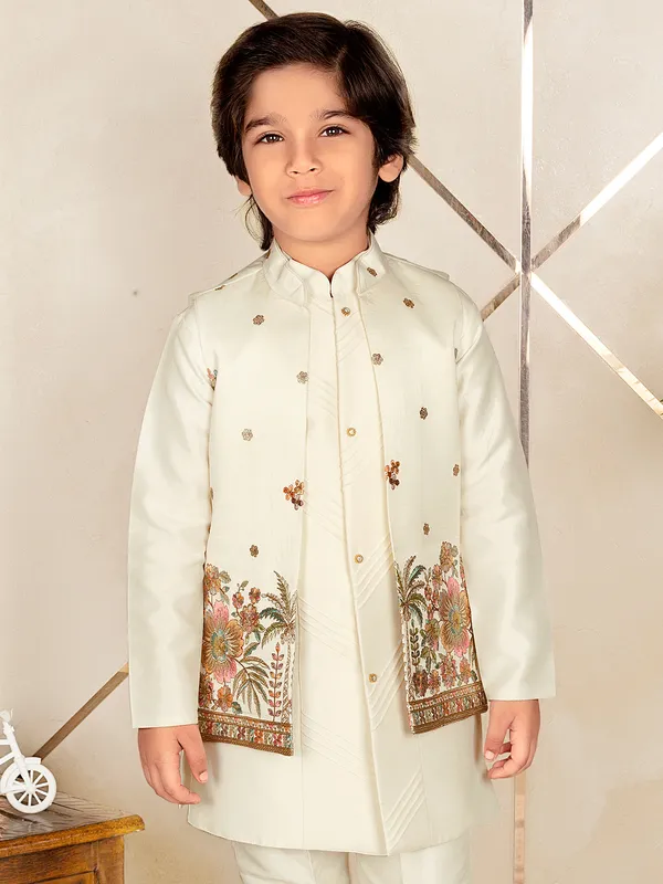 Off white silk designer waistcoat set for boys for wedding