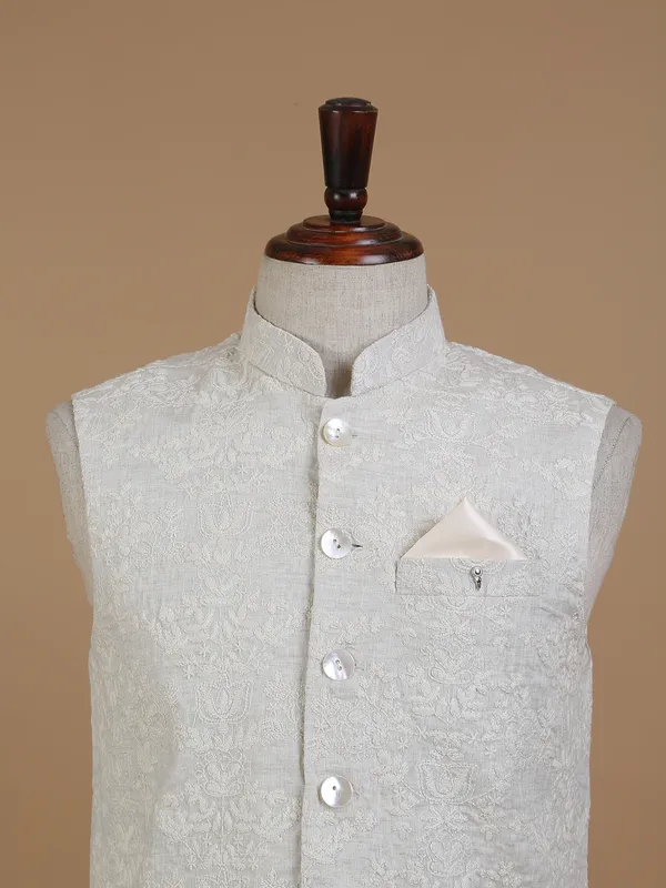 Off white silk embroidered waistcoat