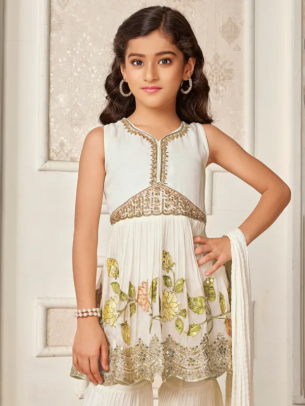 Off-white silk embroidery sharara salwar suit