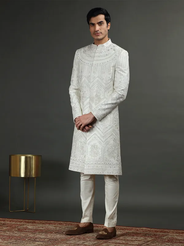 Off white silk embroidery sherwani