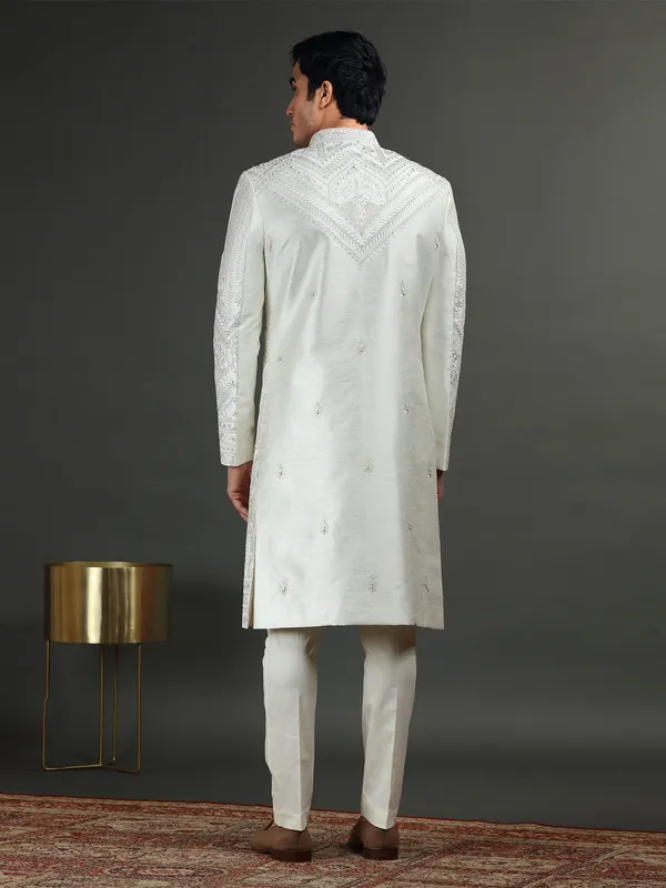 Off white silk embroidery sherwani