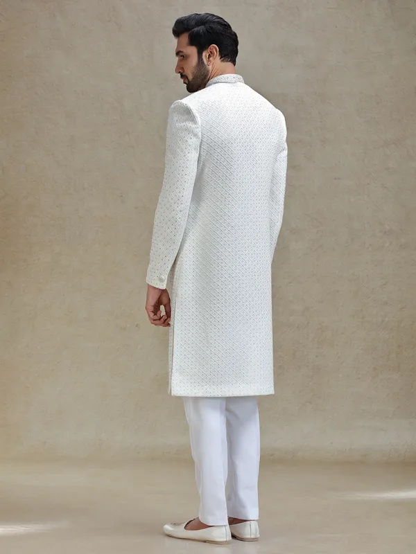 Off white silk fabricated sherwani in embroidery