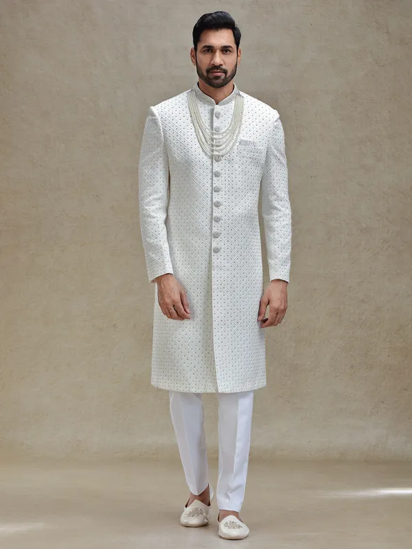 Off white silk fabricated sherwani in embroidery