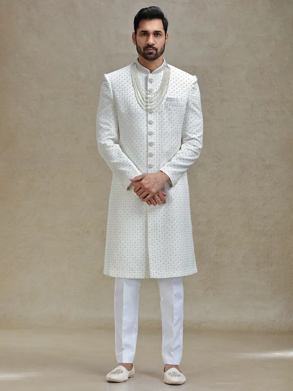 Off white silk fabricated sherwani in embroidery