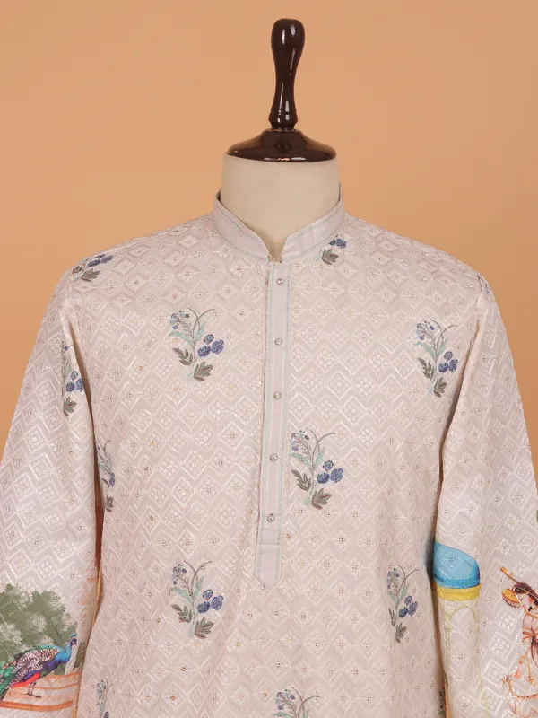 Off white silk festive kurta set for men