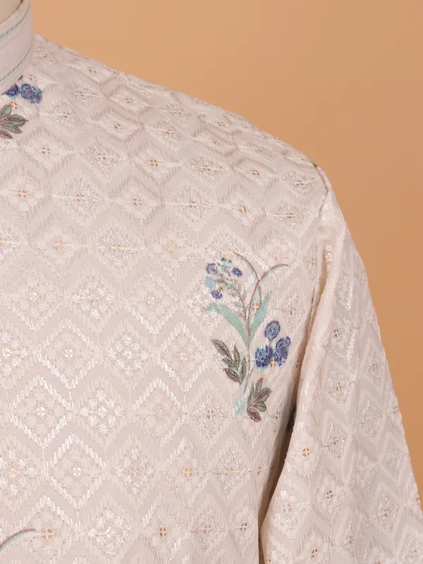 Off white silk festive kurta set for men