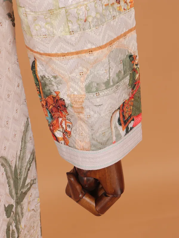 Off white silk festive kurta set for men
