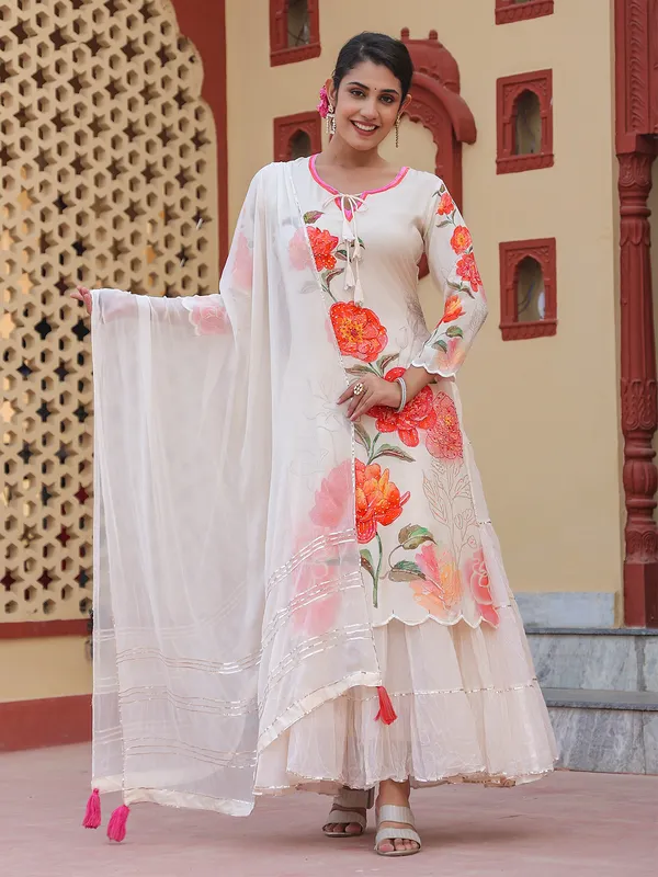 Off white silk floral printed long kurti