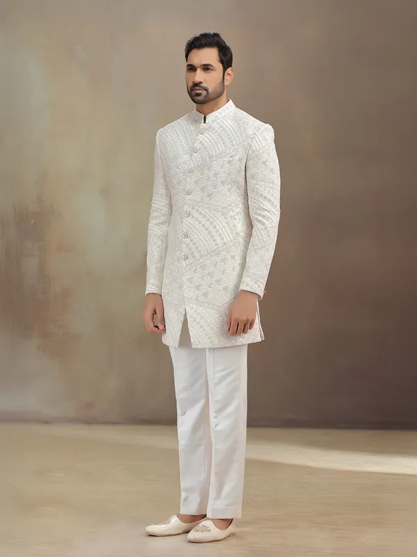 Off white silk indowestern set with emberoidery