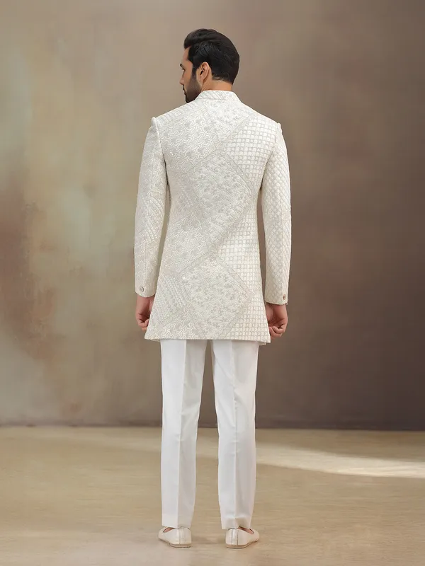 Off white silk indowestern set with emberoidery