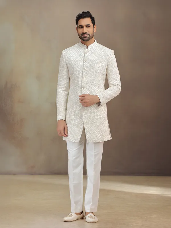 Off white silk indowestern set with emberoidery