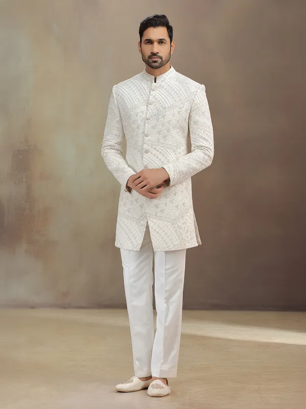 Off white silk indowestern set with emberoidery