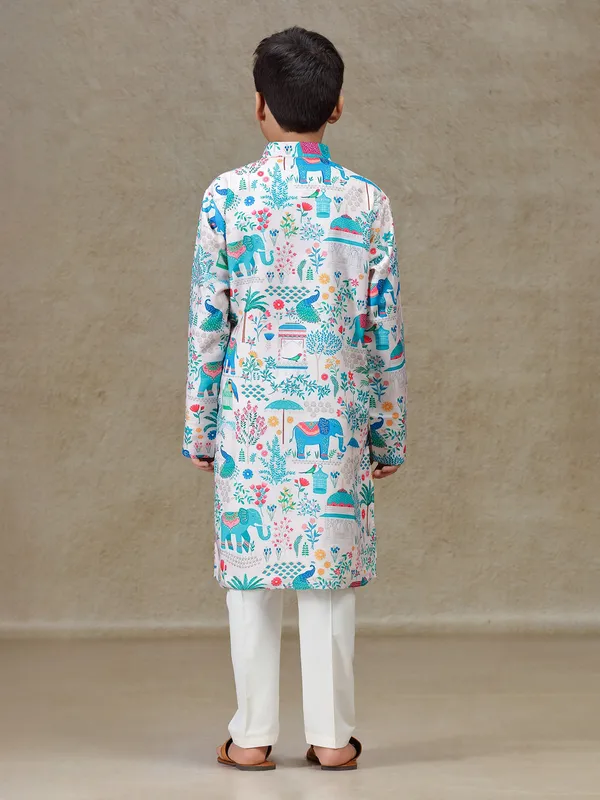 Off white silk kurta set with print