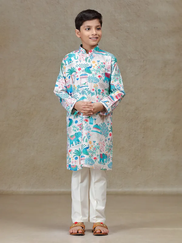 Off white silk kurta set with print