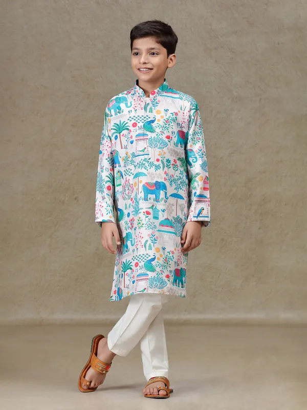 Off white silk kurta set with print